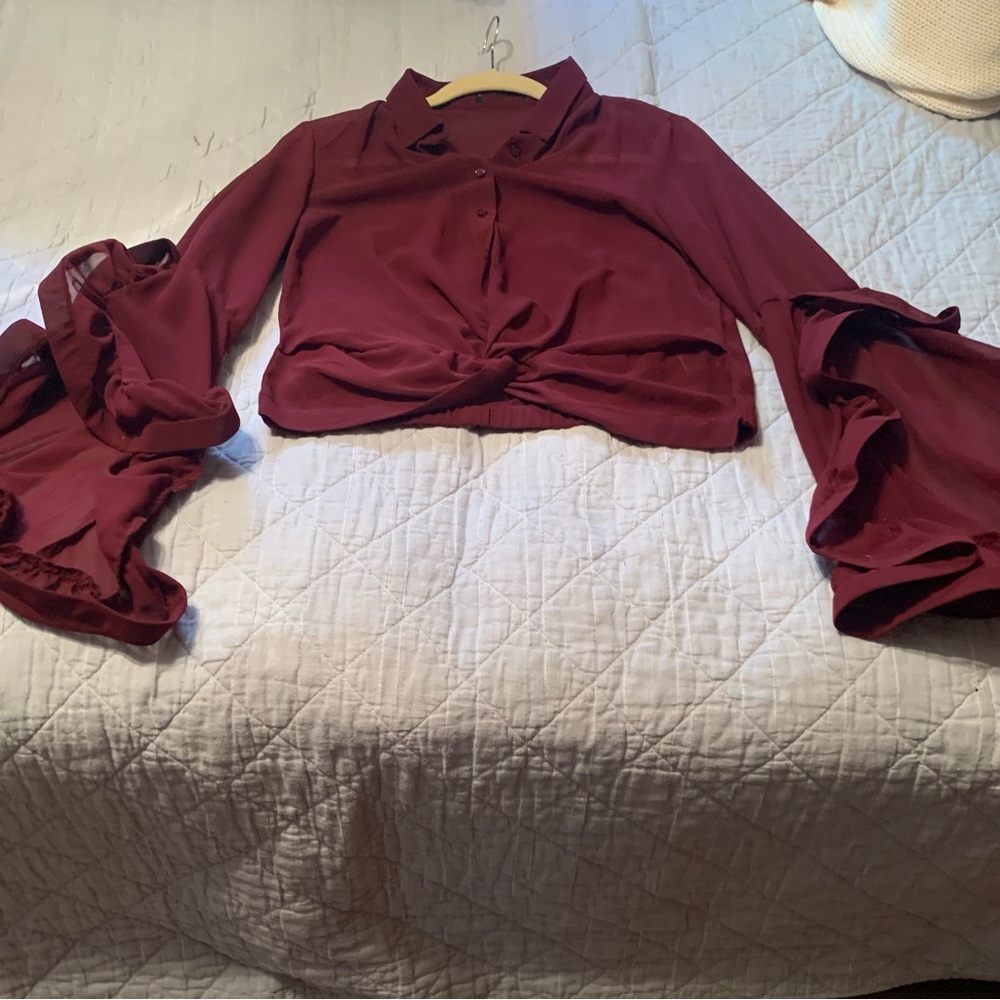 Maroon Sheer Crop Blouse With Flutter Sleeve. - image 5